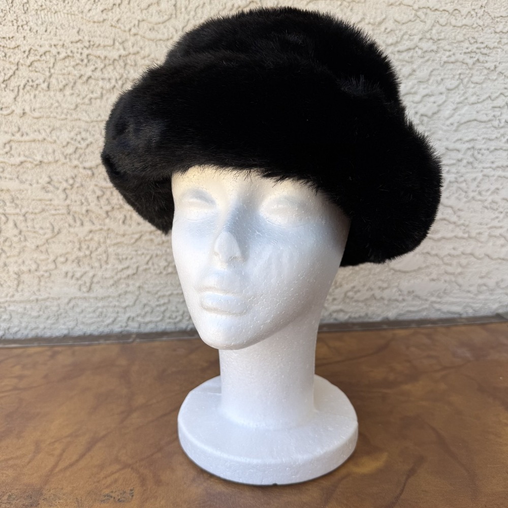 Vintage Faux Fur Bucket Hat Black Winter Soft Fluffy 90s Y2K Style